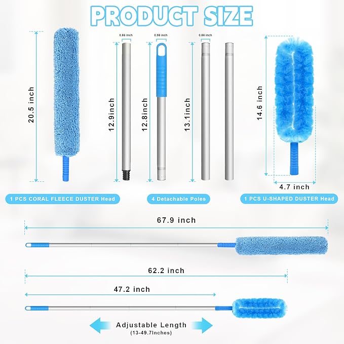 Eunice 13-49.7 Inches Ceiling Fan Duster with Extension Pole, U-Shape and Coral Fleece Heads Adjustable and Removable Fan Cleaner Blade for High Ceiling, Window Door Furniture (Blue)