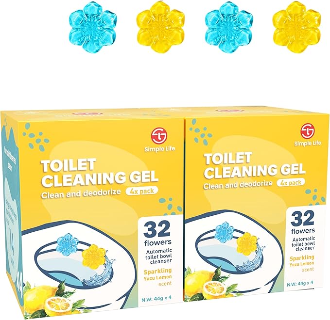 Simple Life Toilet Gel Stamp – Fresh Flower Scent, Anti-Limescale Toilet Cleaner Gel, Deodorizing & Long-Lasting Freshness, 64 Stamps, Blue & Yellow
