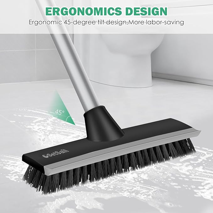 SetSail Floor Scrub Brush with 51-Inch Long Adjustable Handle 2 in 1 Scrape Brush Stiff Bristle Floor Scrubber for Cleaning Shower Bathroom Garage Kitchen Wall Deck Tub Tile, Black