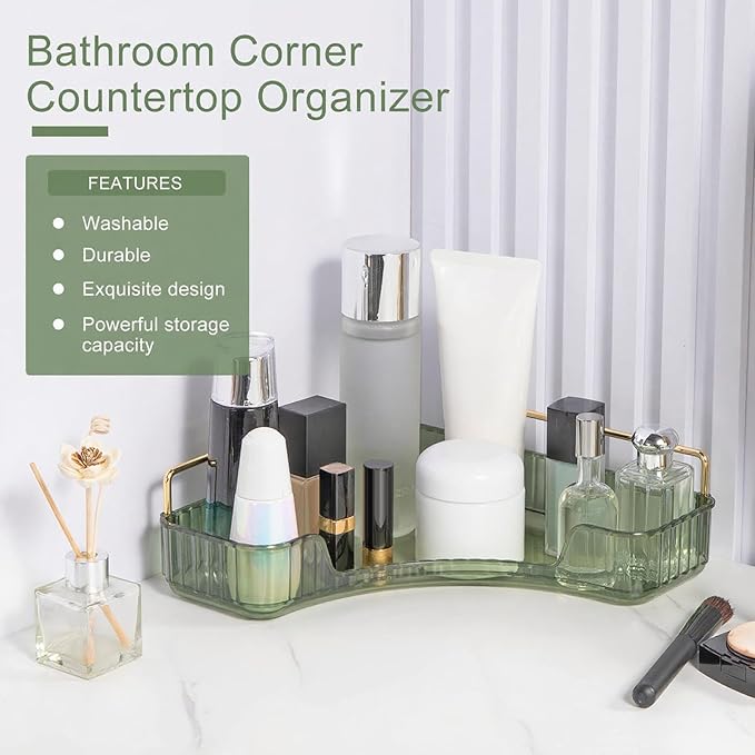 INVSSENE Corner Bathroom Countertop Organizer, Vanity Organizer Trays for Counter, Makeup Organizers, Perfume Tray, Skincare Shelf Storage Gifts for Women Girl Student (Green, 1 Tier)