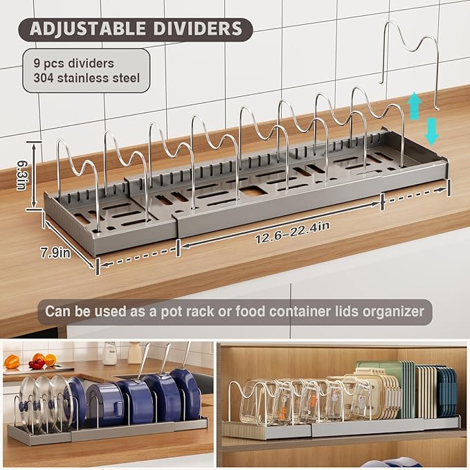 2 Pack Expandable Food Storage Container Lid Organizers, 22" Pots and Pans Organizer Under Cabinet with 9 Adjustable Dividers Pot and Pan Lid Holders Rack Inside Cabinet(Gray)
