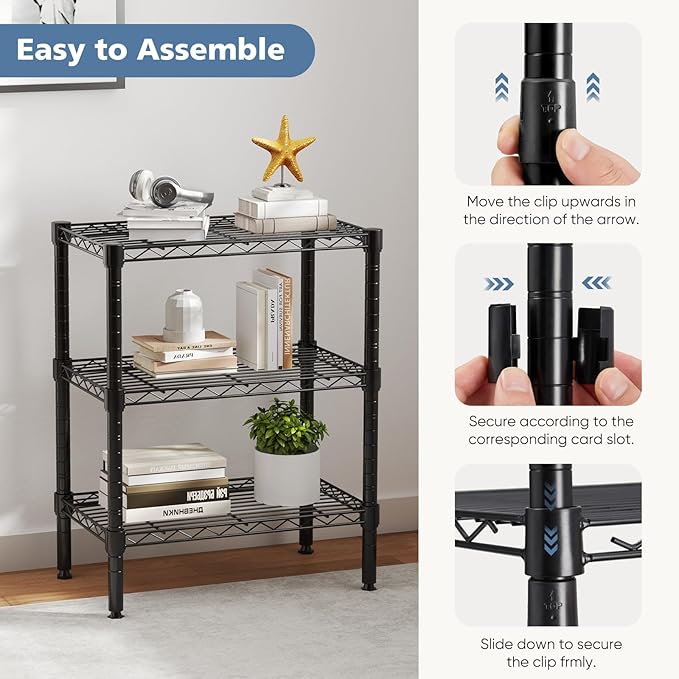 DUMOS 3-Tier Metal Wire Storage Shelves, Adjustable Standing Storage Rack Shelf, Heavy Duty Steel Shelving Unit Organizers for Kitchen Bathroom Pantry Garage, 23.3" W×13.4" D×30" H, Black