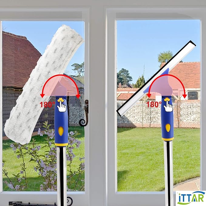 ITTAR Rotatable Window Cleaning Kit, Glass Cleaner Tool with 60" Extension Pole, Rubber Squeegee & 2 Microfiber Pads Combo, Window Washing Equipment for Cleaning Shower, High Windows, Car Glass