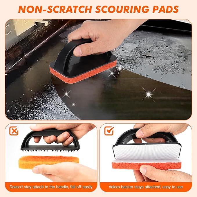 Non-Scratch Scouring Pads with Handle, Reusable Cleaning Scrubbers, Heavy Duty Scrubbing Pads for Cleaning Pans, Pots, Ovens, Grills, Griddles- 5 Scrub Pads and 1 Handle
