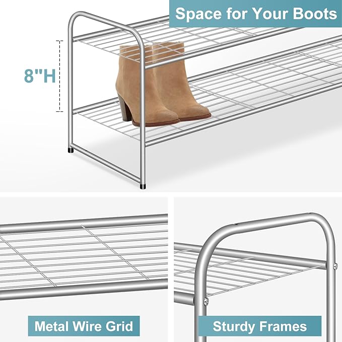 AOODA 2 Tier Long Metal Shoe Rack for Closet Wide Stackable Shoe Storage Organizer 18-Pairs Low Small Sneaker Rack for Entryway, Bedroom, Garage, Grey
