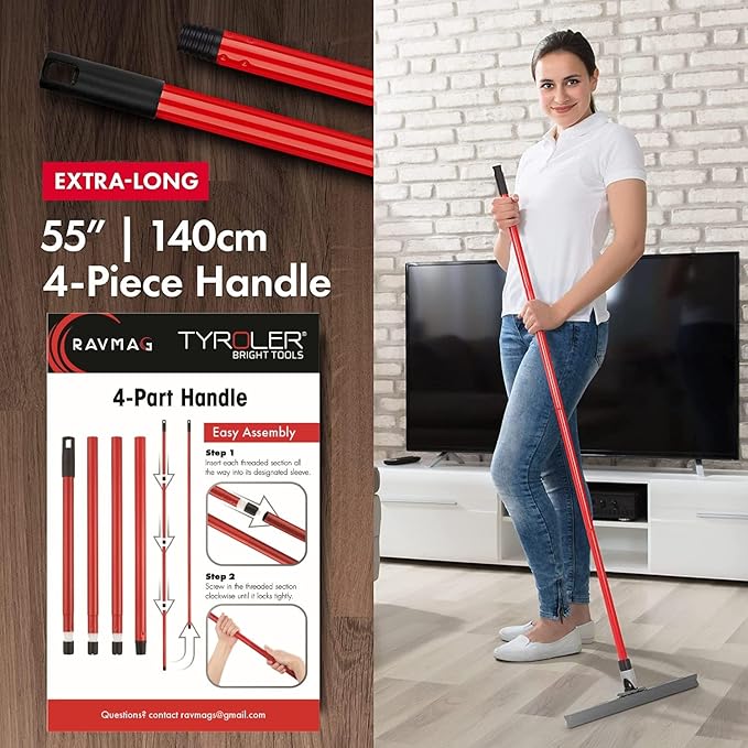 Heavy Duty Floor Squeegee for Concrete and Tile Floor - Silicone Squeegee Broom Floor Scrubber - Large Single Cast Rubber Blade Aluminum Long Handle 360° Swivel Joint - Garage Shower Window Cleaning
