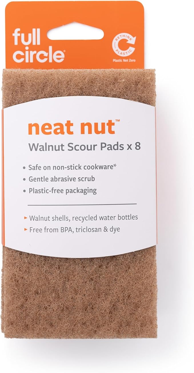 Full Circle Neat Nut, Walnut Scour Pads – Pack of 8 – Powerful, Non-Scratch Dish Scrubber Made with Plant-Based & Recycled Materials, Safe for Nonstick
