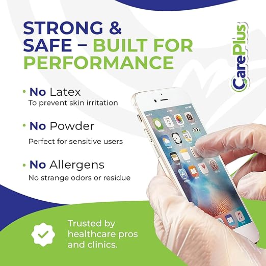 CARE PLUS Pro Vinyl Clear Gloves - Small Size, 100 Count | Latex-Free, Powder-Free, Heavy Duty, Non-Sterile, | Food Prep, Kitchen & Cleaning Gloves, Hair Coloring | Ideal for Professional Use