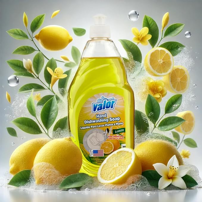 Valor Dishwashing Liquid, 25 fl oz – Dish Soap for Kitchen & Bathroom, Grease-Fighting, Gentle on Hands, Fast Rinse, Eco-Friendly Biodegradable Formula (25.5 oz (Pack of 3), Lemon)