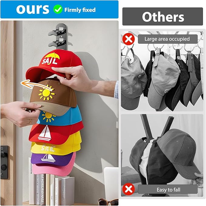 4 Pack Hat Organizer Hat Hook for Wall,Hold up to 40 Hats,Hat Holder with Strong Adhesive and Screws,Cap Holder Hat Hangers for Wall Closet Door and Bedroom(B-Black,4pcs)
