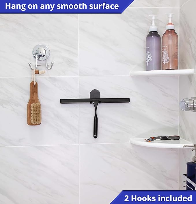 HOME SO Shower Squeegee for Glass Doors – Stainless Steel Squeegee with Adhesive Hooks - Window, Floor & Car Squeegee, Multi-Purpose Bathroom, Mirror & Tile Cleaner - Bathroom Essentials - Black 12"
