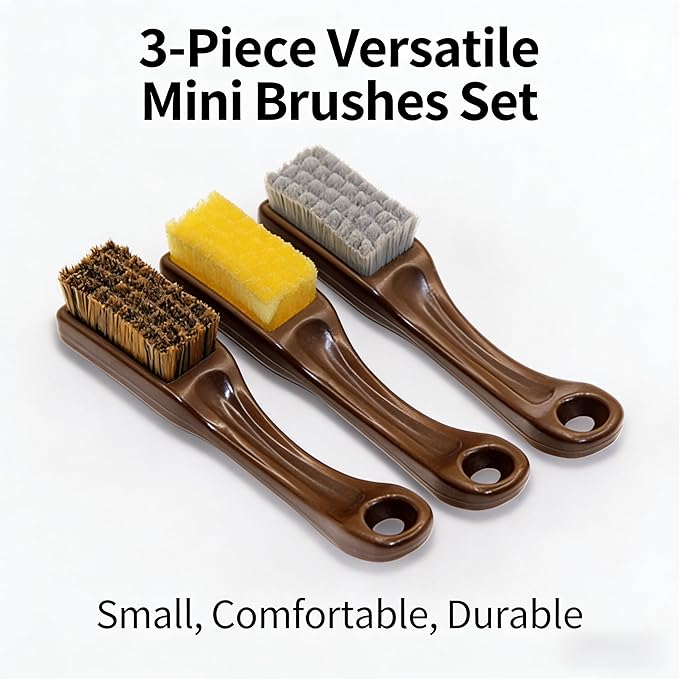 Multi-Purpose Cleaning Brush Set with Carbon Gray Hard Bristles, Bamboo Charcoal Soft Bristles, and Yellow Sponge, 3 Pack Small Detail Brushes for Collectibles, Toys, and Crevices