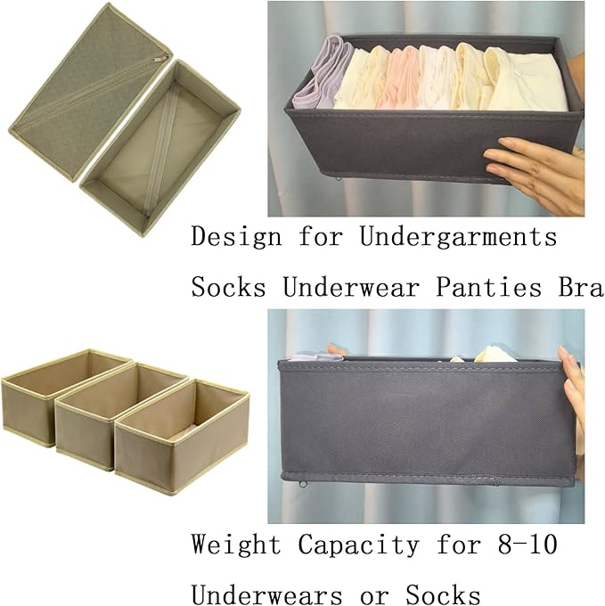 Bructhun Sock Drawer Organizer 6 Pack - Collapsible Fabric Storage Bins for Underwear Divider, Small Closet Organizers with 6 Compartments, Khaki