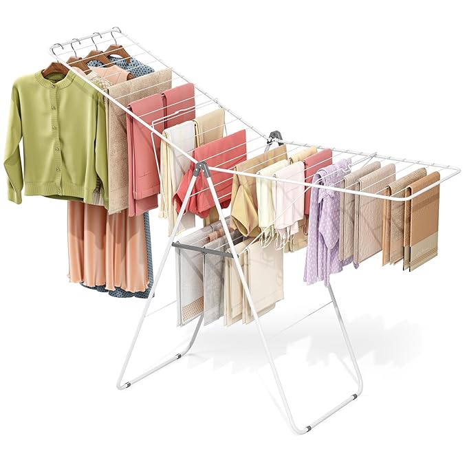 APEXCHASER Clothes Drying Rack, Foldable Oversized Drying Rack Clothing with U-Shaped Foot Cover, Height-Adjustable, Multi-Bar Laundry Rack, Indoor Outdoor Use, 20.47"D x 70"W x 42.52"H, Pearl White