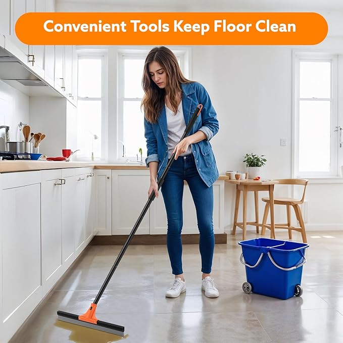 Floor Squeegee Heavy Duty, 17 Inch Rubber Blade, 60 Inch Long Aluminum Handle, Multipurpose Cleaning Squeegee for Garage, Tile, Deck, Bathroom, Window, Glass