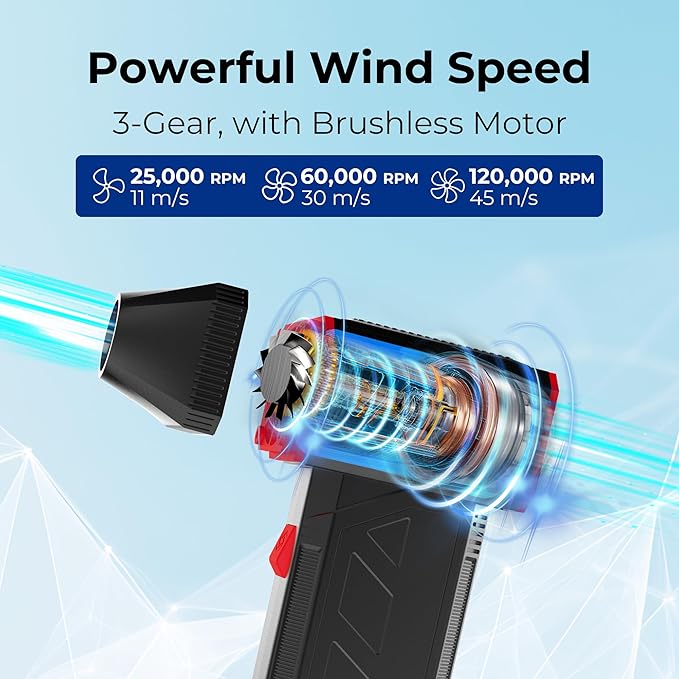 Rosewill Electric Air Duster - 120,000 RPM Super Power Cordless Compressed Air Duster, 3-Gear Adjustable Mini Blower with Fast Charging, Dust Blower for Computer, Keyboard, Pet, House, Outdoor and Car