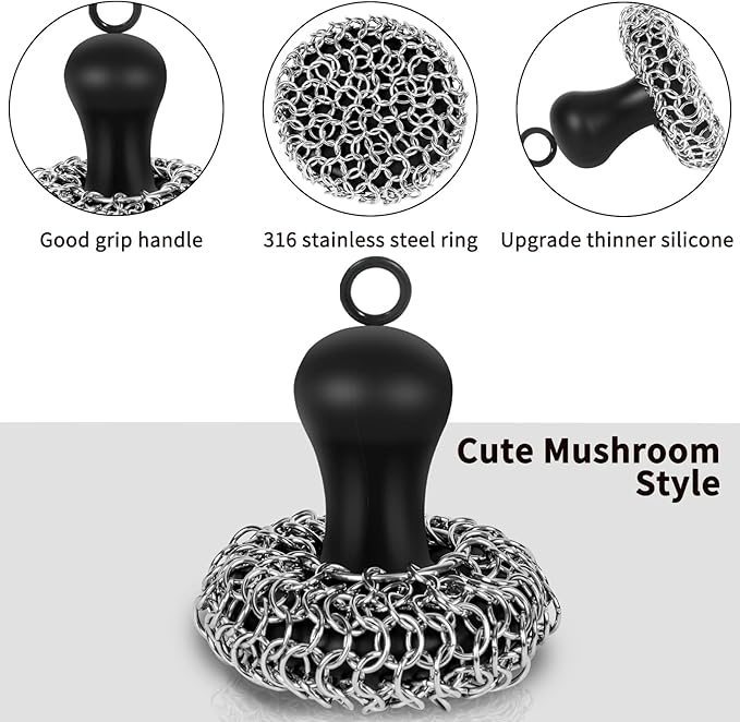 Cast Iron Cleaner Scrubber with Pan Scraper, Upgraded Chain Mail Scrubber Cast Iron Cleaning Kit, Metal Chainmail Scrubbing Sponge Scrub Brush to Clean Pan, Skillet, Grill, Dutch Oven, Wok
