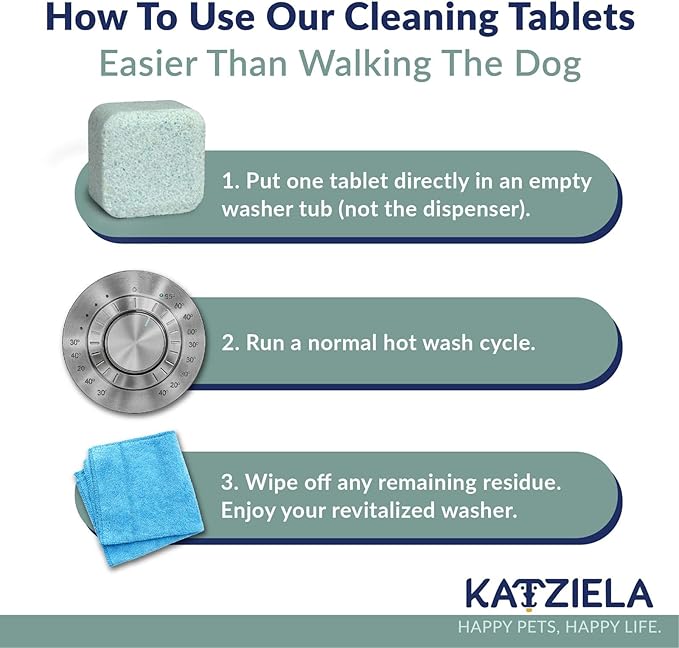 Katziela Washing Machine Cleaner Tablets – 6 Pack (3-Month Supply) – Loosens Pet Hair & Eliminates Odors – Fragrance-Free Enzyme Formula – Safe for All Washers – HE Compatible & Septic Safe