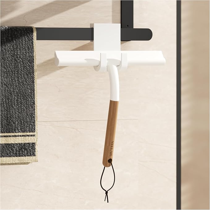 Shower Squeegee for Shower Glass, Bathroom Glass Cleaning Tool with Hook Mount, Squeegee for Glass Doors, Window Cleaning, Tile Shower Walls (White+Wood)