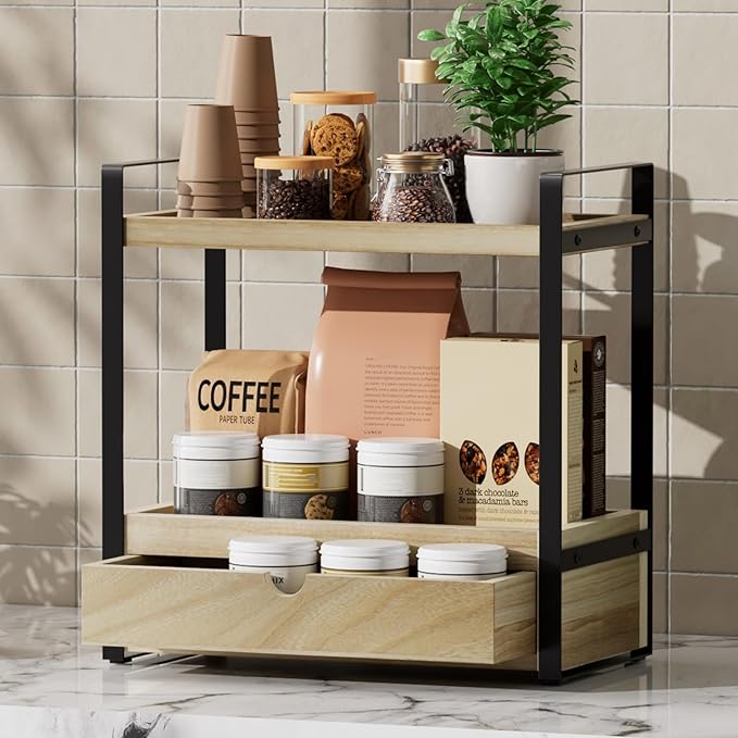 Boulphia 2-Tier Bathroom Organizer Countertop with Drawer, Wood Bathroom Counter Shelf for Storage, Vanity Organizer Countertop for Kitchen, Office