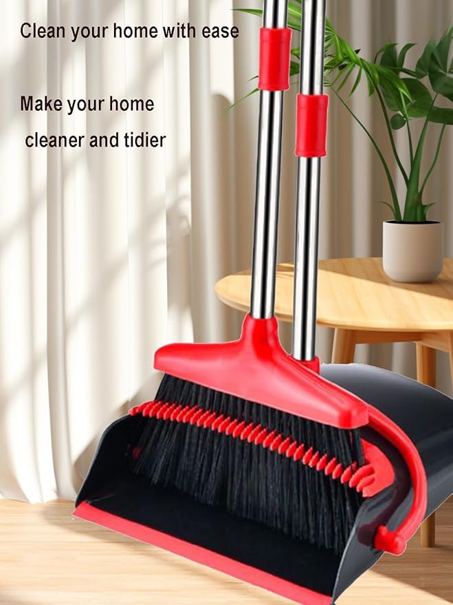 Broom and Dustpan Set, Stand Upright Windproof Dustpan, Long Handle Broom and Dustpan with Teeth for Home Kitchen Room Office Lobby Floor Cleaning (Black+Red)