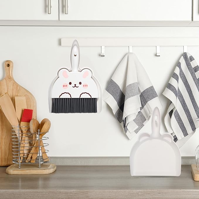 Portable Hand Broom and Dustpan Set, Cute Rabbit Design Portable Mini Broom and Dustpan Set with Durable Brush, Lightweight Dust Pan and Brooms for Desktop Kitchen Small Space Cleaning