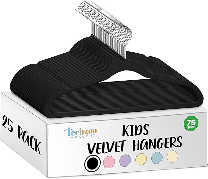 TechZoo 25 Premium Kids Velvet Hangers - 14" Non-Slip Clothes Hangers for Kids & Preteens - Ultra Slim, Space-Saving, Strong & Durable Hangers with 360° Swivel Hook - Black