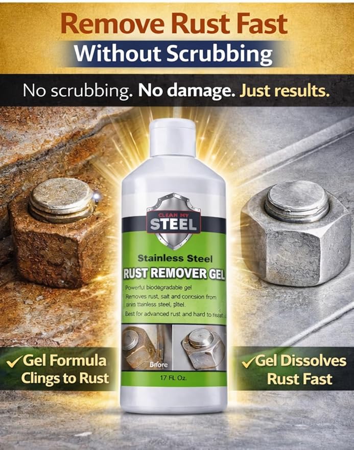 Heavy-Duty Rust Stain Remover for Industrial Use on Metal Surfaces Including Stainless Steel. Our Cleaner and Stainless Steel Rust Remover Gel Needs No Scrubbing, Simply Apply and Rinse off (17 oz)