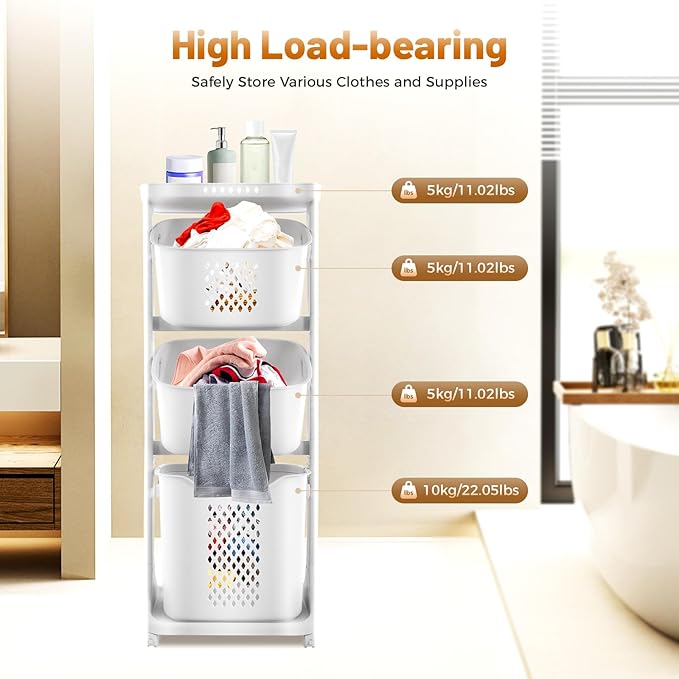 GOSHET Laundry Basket, 3 Tier Sorter Clothes Storage Hampe Organizer Shelf Rolling Cart With 4 Wheels 55.12lbs Load White For Kitchens, Bathrooms, Bedrooms, Dormitories, Classrooms, Laundry Rooms