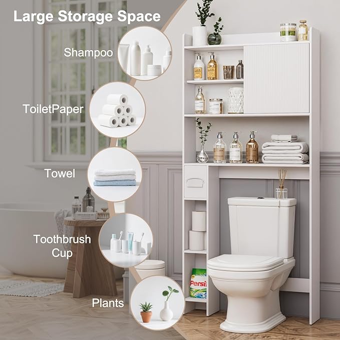 Over The Toilet Storage Cabinet with Sliding Door, 31.5" W Over Toilet Bathroom Organizer with Adjustable Shelves & Toilet Paper Holder, Space Saver Cabinet for Bathroom, White