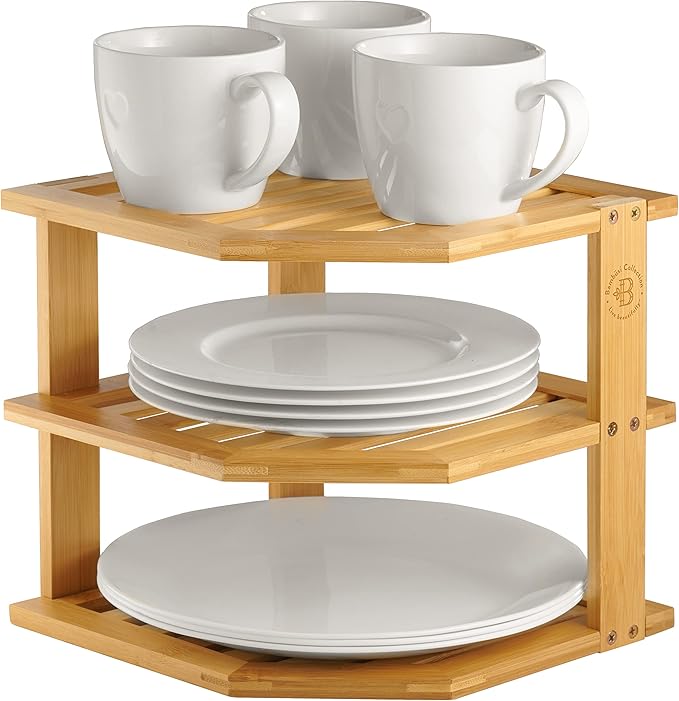 Plate Organizer for Cabinet - 3 Tier Bamboo Corner Shelf Cabinet Organizer for Plates, Bowls, Mugs and Pantry Storage, Space Saving Countertop and Cabinet Corner Shelf, 10 x 10 x 9.5 Inch, Bambusi | Kitchen Counter, Cabinet Space Saver, Plates, Dishes,...