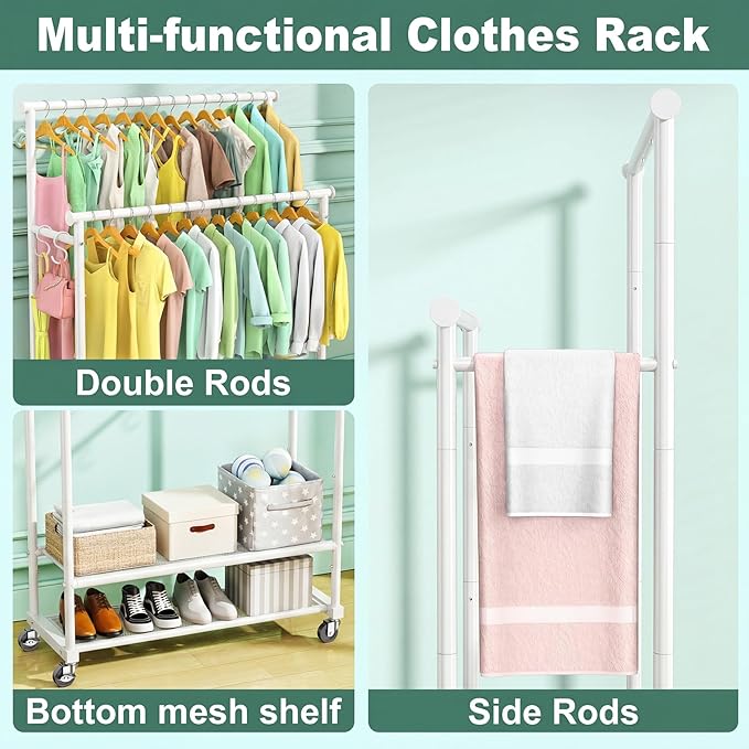 Double Rods Clothes Rack for Hanging Clothes, Heavy Duty Rolling Clothing Rack with Wheels, Freestanding Garment Racks with Oxford Bottom Shelf and Mesh Bottom Shelf for Bedroom Laundry (White)