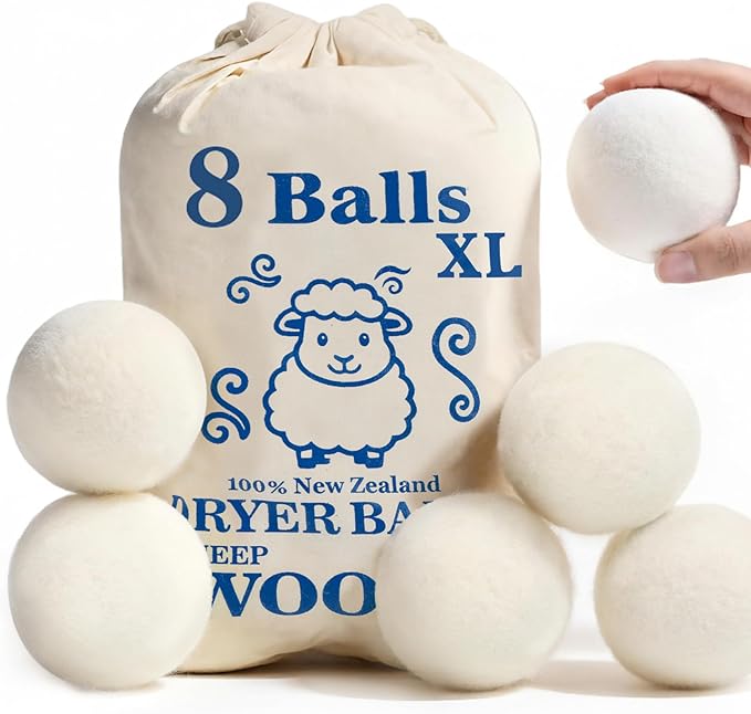Large Wool Dryer Balls, New Zealand Dryer Balls Laundry Reusable Reduce Static Cling, Dryer Ball to Reduce Wrinkles & Shorten Drying Time, Drying Balls Fabric Softener Ball for Laundry（Pack of 8 XL)