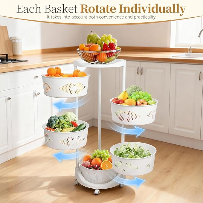 5-Tier Rotating Kitchen Organizer Rack with Wheels, PP Plastic Storage Shelf with Baskets for Countertop, Pantry, Bathroom & Home, Space-Saving Multifunctional Display Stand