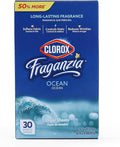 Clorox Fraganzia Fabric Softener Dryer Sheets, Wrinkle Reducing and Anti Static Laundry Dryer Sheets for Great Smelling Clothes, Softens Fabrics, Fresh Ocean Scent, 30 Count