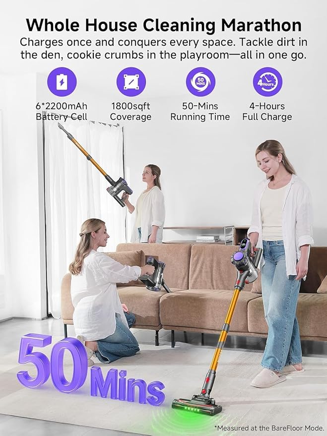 MONSGA Cordless Vacuum Cleaner, 45KPa 400W Stick Vacuum for Home, 50Mins Anti-Tangled Vacuum Cleaner with Charging Dock, Light-Weighted Handheld Vacuum for Pet Hair/Carpet/Floor, LED Touch Display