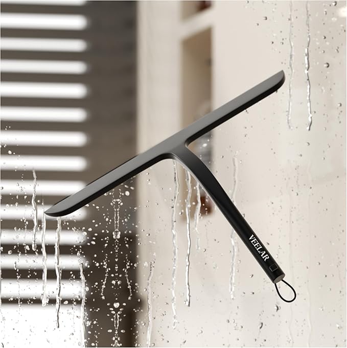 Shower Squeegee for Shower Glass, Bathroom Glass Cleaning Tool with Hook Mount, Squeegee for Glass Doors, Window Cleaning, Tile Shower Walls (Black)