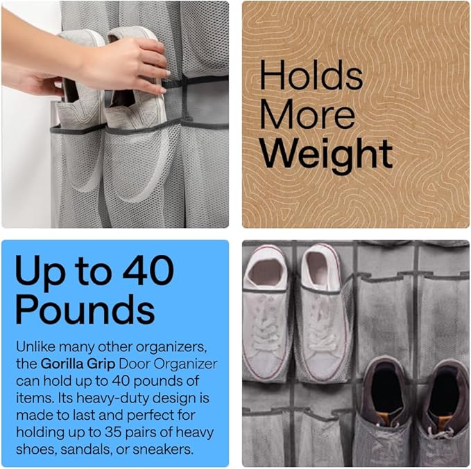 GORILLA GRIP Over the Door Shoe Organizer, 35 Large Breathable Mesh Pockets, Space Saving Hanging Storage Holder, 5 Hook Closet Rack Hanger, Hangs on Closets for Shoes, Accessories 68.5H x 24.5W Grey