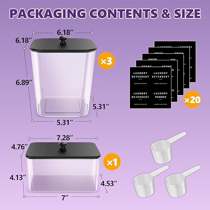 4 Pack Laundry Pods Container, Clear Laundry Room Organization Containers,Large Laundry Detergent Powder Storage Containers Black Wooden Lids & Labels, Acrylic Laundry Pods Holder for Scent Booster