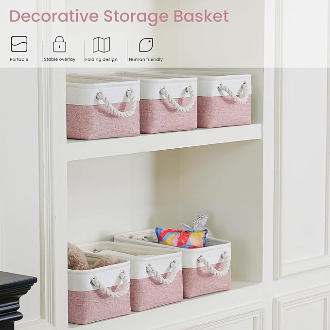 Storage Baskets for Shelves 11.8x7.9x5.2 Inch-Foldable Fabric Organizing Storage Bins with Handles, Closet & Bathroom Organizer, Home Storage for Kitchen, Office (3-Pack, White&Pink)