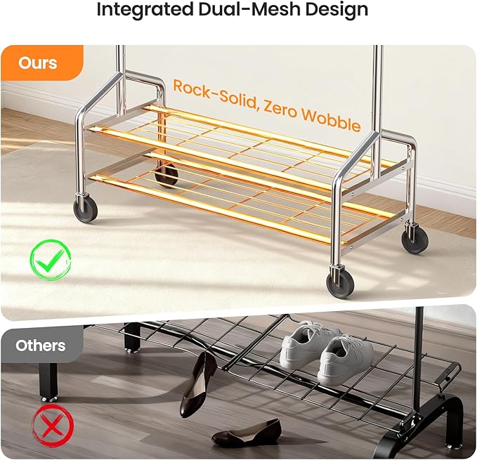 Heavy Duty Clothes Rack, Rolling Clothing Rack for Hanging Clothes Load 650 LBS with 2 Sturdy Shelves, Metal Garment Rack with Wheels for Bedroom, Laundry Room, Retail Store, Silver