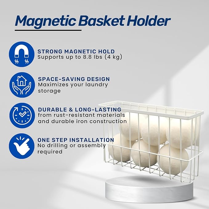 Magnetic Dryer Ball Holder Plus 6 XL Wool Dryer Balls from New Zealand Wool- Laundry Dryer Balls Storage Containers: Easy Install Without Tools, Magnetic Basket for Dryer Balls
