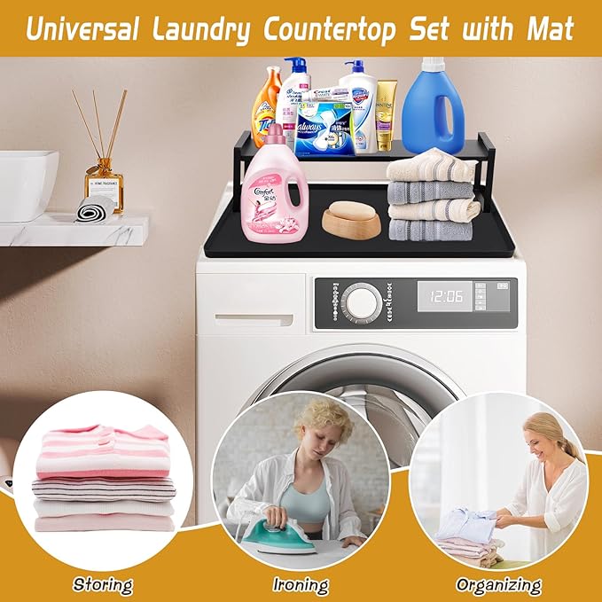 Washer and Dryer Countertop with Retractable Shelf and Silicone Mat, Universal Front Load Washer and Dryer Countertop Set, Washer Dryer Shelf with Mat for Laundry Room (Metal Shelf + Silicone Mat)