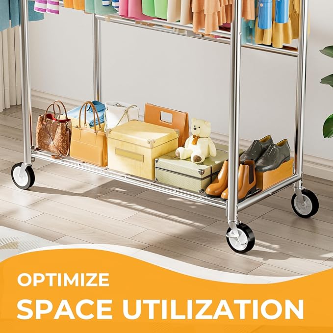 Heavy Duty Clothes Rack Load 1060LBS, Four Rods Rolling Clothing Racks for Hanging Clothes, Rolling Garment Rack With Sturdy Wheels Shelves Hooks, Portable & Adjustable Commercial Garment Rack, Silver