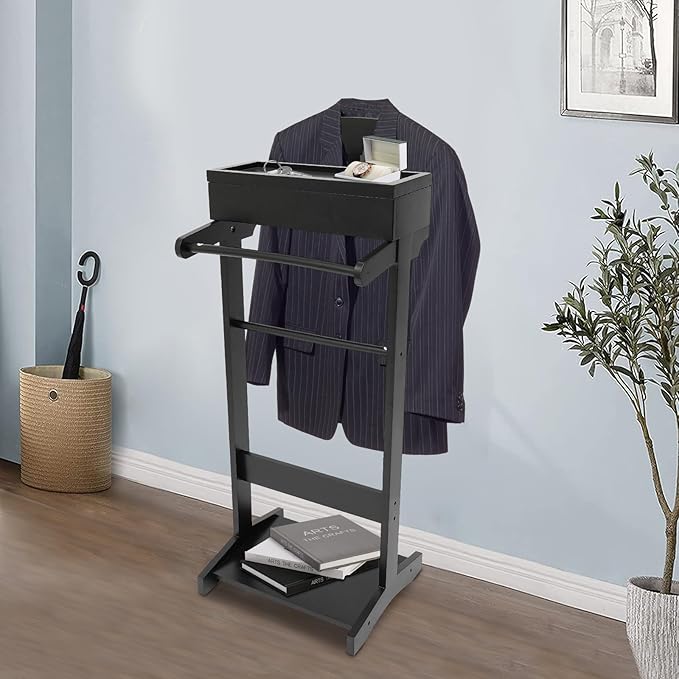 Wood Suit Rack Suit Stand for Man and Women Clothes Valet with Drawer Suit Valet Stands Men Valet Black Suit Valet for Entryway Office Living Room