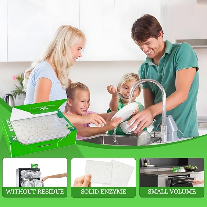 Dishwasher Detergents Sheets (30 Count) - 100% Natural Plant-Based Eco Dishwashing Soap Solid Enzymes Grease Removal & Shiny Finish Compatible with Large & Small Dishwashers Tablets Residue-Free