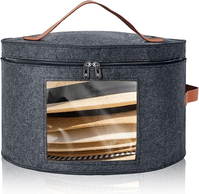 Kovpnor Round Hat Box, Stackable Felt Hat Boxes for Women Storage, Foldable Premium Hat Travel Case with Dustproof Lid, Space Saving Hat Organizer (Grey)