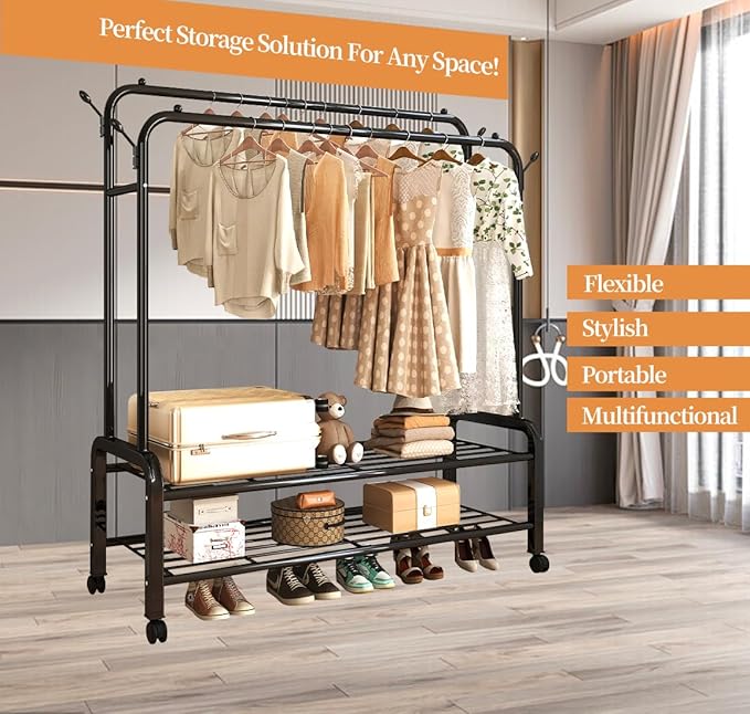 ANTIWAR Clothes Rack for Hanging Clothes, 100% Stainless Steel Clothes Garment, Portable Sturdy Clothes Rack, Extendable Rolling Garment Rack with Wheels, Freestanding Laundry Room