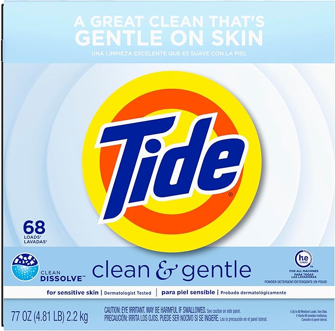 Tide Clean and Gentle Powder Laundry Detergent, Unscented, 68 Loads, 77 oz