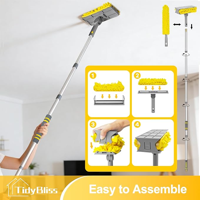 77” Ceiling Fan Blades Cleaner Duster with Extension Pole, Extendable Flexible Dust Cleaning Brush, Reusable Chenille Mop for Baseboard Wall Floor Blinds Cobweb